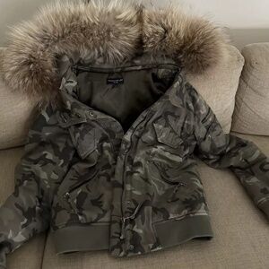 Generation Love Sz S Georgina Camo Bomber Jacket Hooded Asiatic Raccoon Fur Trim